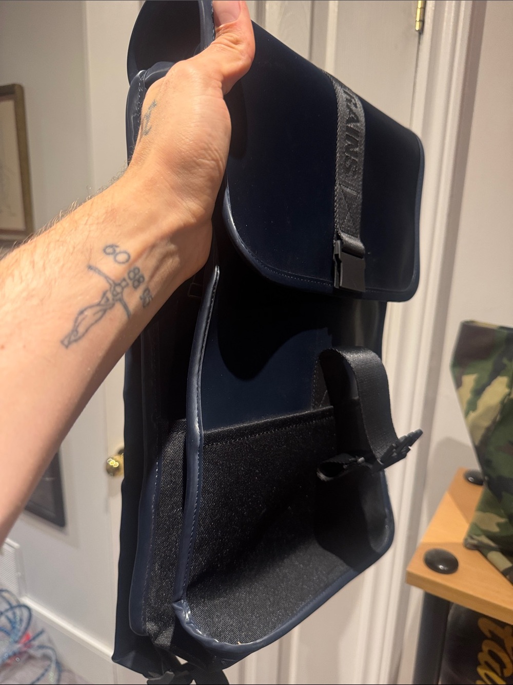 Rains Navy and Black Rolltop Backpack with Branded Strap - Picture 3 of 7